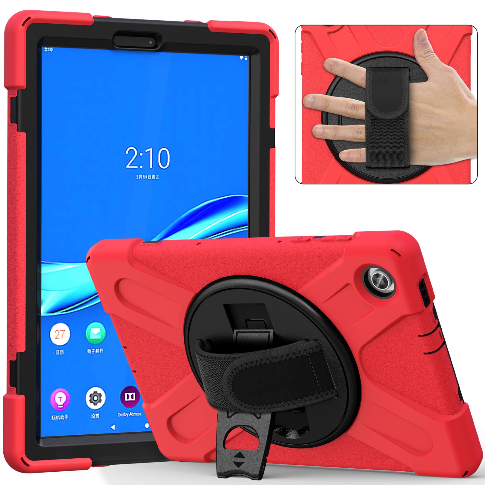 Bspring Shockproof Case for Lenovo Tab M10 HD 10.1 Inch 2020 [2nd Gen] TB-X306X/TB-X306F, Full Protection Rugged Sturdy Kidsproof Stand Cover with Handle Strap,Red