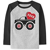 Valentine's Shirt for Boys Girls Monster Truck Heart Tops V-Day Toddler Kids Long Sleeve Raglan Tees