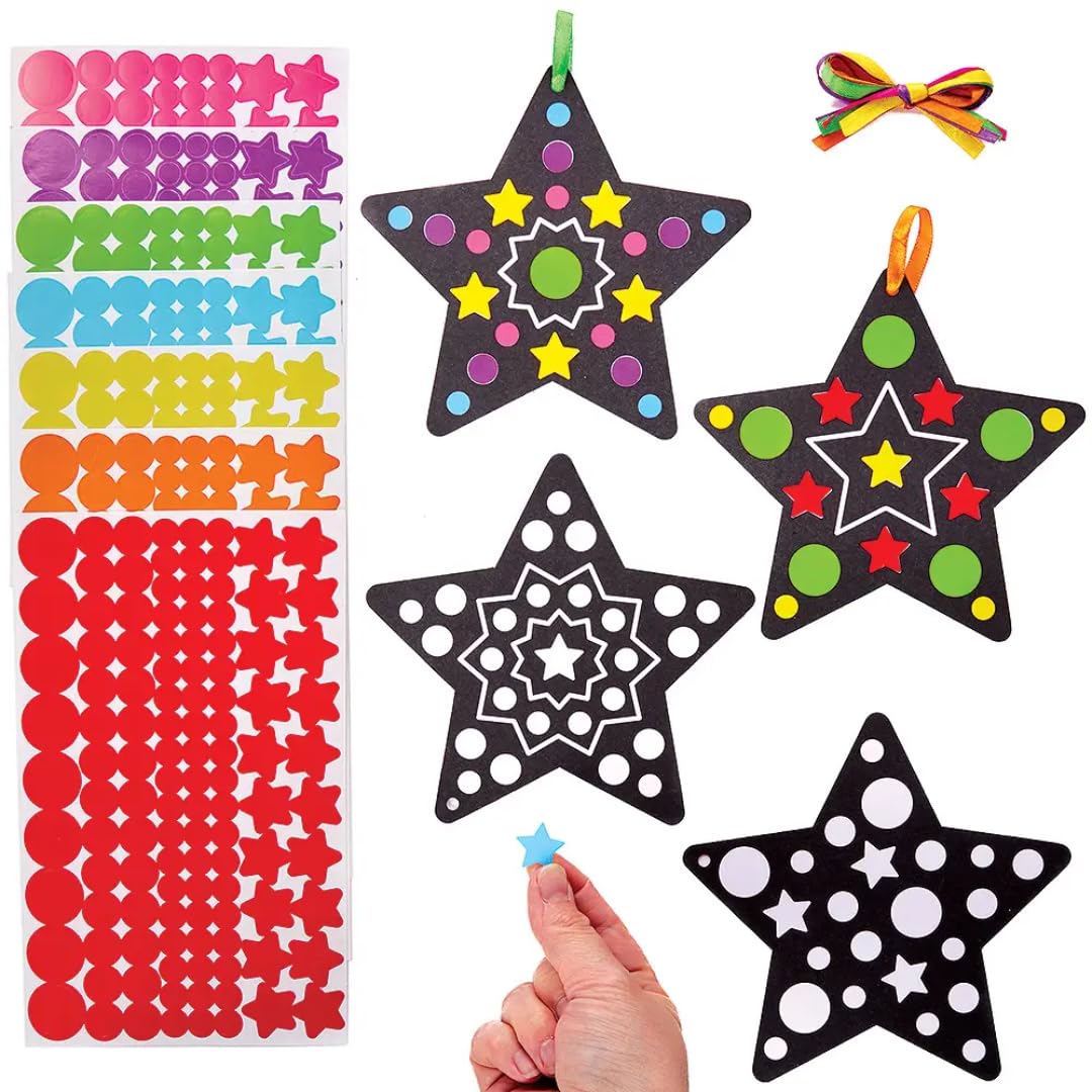 Baker Ross FX262 Star Dotty Art Decorations - Pack of 12, Sticker Arts and Crafts for Kids, Christmas Decoration Making, Easy Crafts for Children