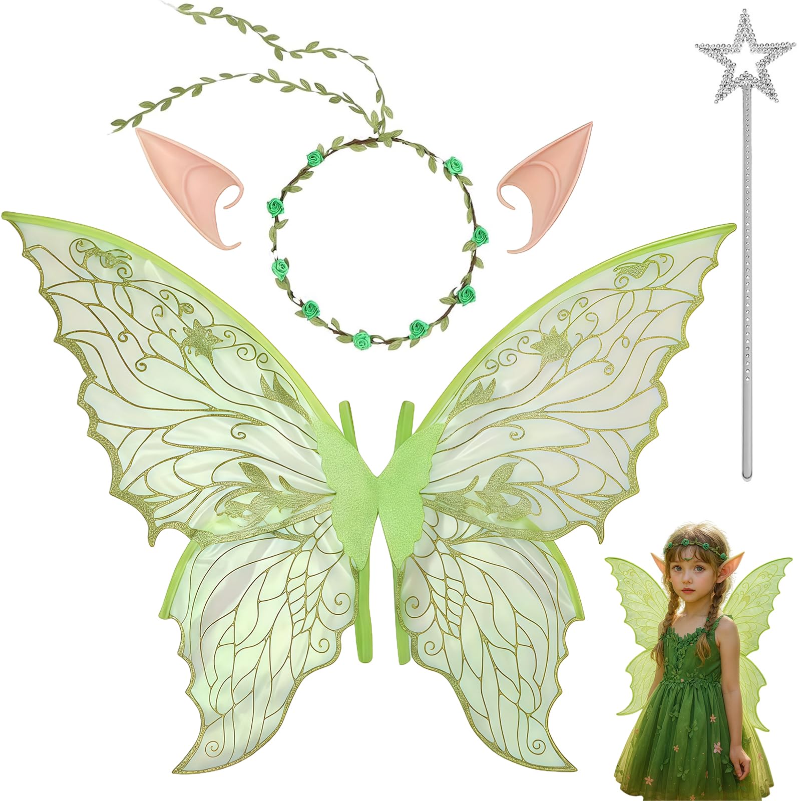 AYNKH Fairy Wings, Butterfly Wings Cape for Kids Princess Angel Costume, Flower Headband Crown Ears and Wand Fairies Wing Set, Ideal for Halloween Birthday Christmas Party (Green)