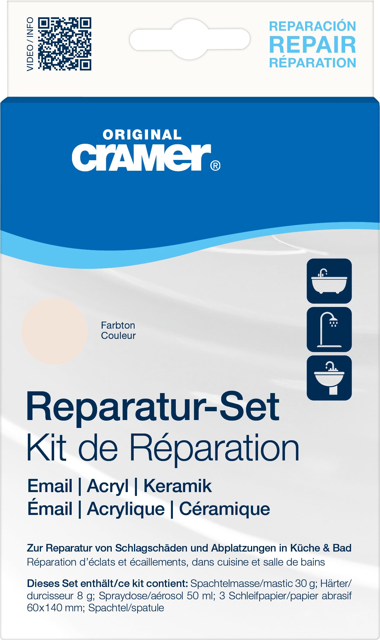 Cramer Repair Set Jasmine Matt for Bathtubs, Shower Trays & Sinks - Professional Solution to Repair Impact Damage and Chips on Enamel, Ceramic and Acrylic