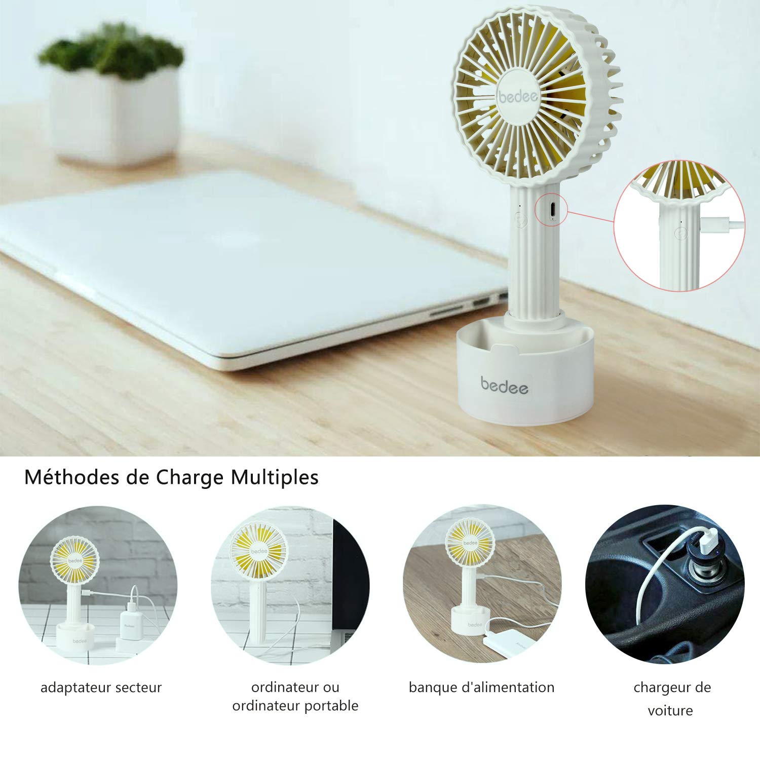 bedee Mini Ventilateur Portable, USB Rechargeable, 3 Vitesse Réglable, Petit, Léger, Li-ION 1200 mAh, Ventilateur à Main Silencieux Détachable Idéal pour Table PC Chambre Bureau De Plein Air Voyage