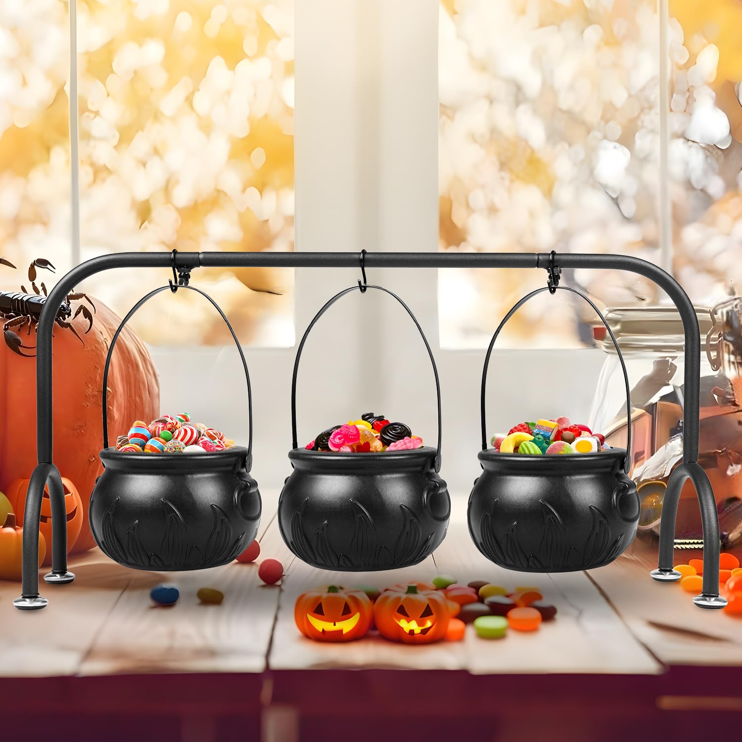 Photo 1 of Halloween Party Decorations Indoor,Set of 3 Witches Cauldron Candy Serving Bowls With Rack,Halloween Party Supplies,Black Plastic Candy Cauldron for Table Decor