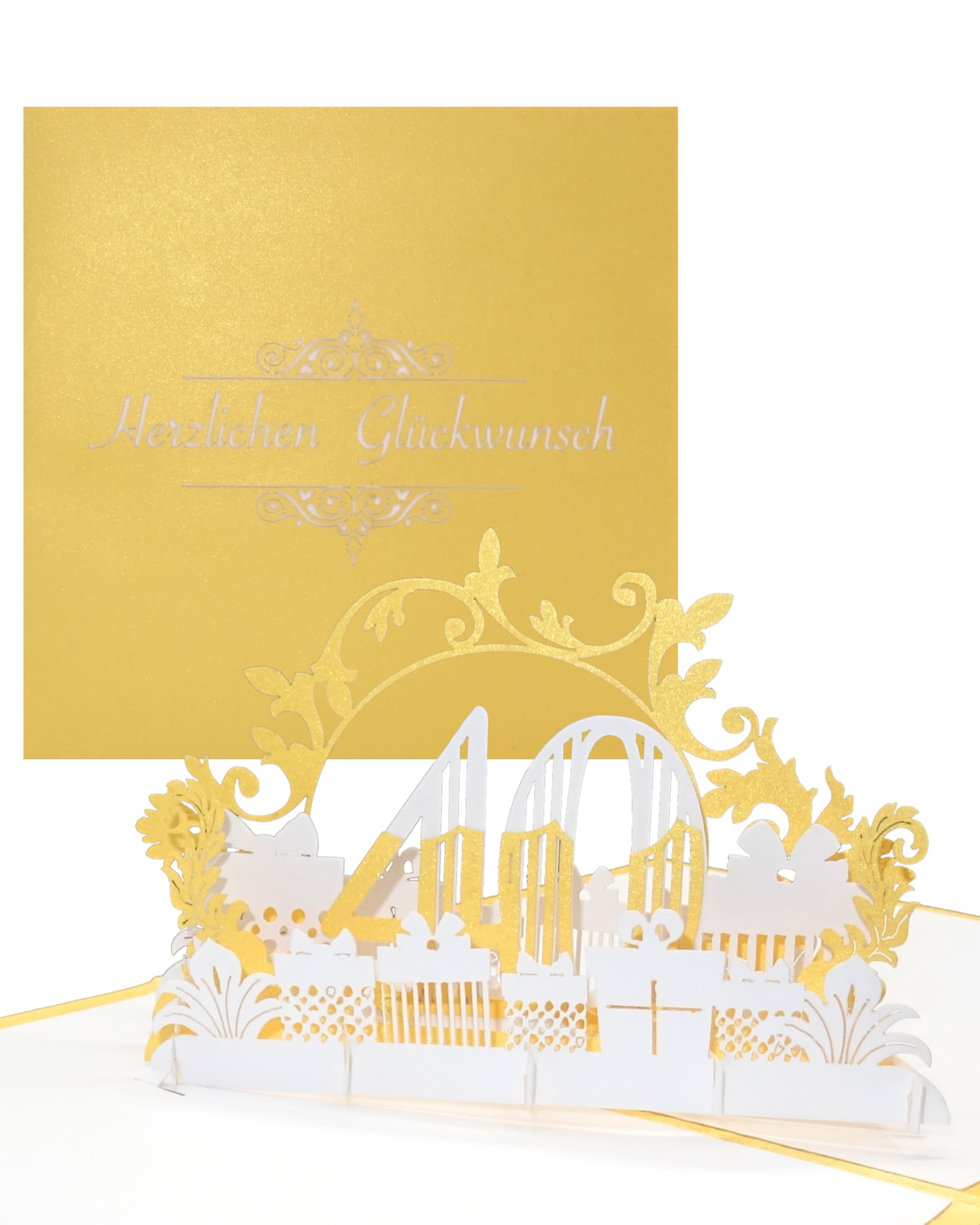 Pop Up Card 40 Inches in Elegant Gold for 40th Birthday and Ruby Wedding - 3D Birthday Card and Greetings Card as a Small Gift, Decoration, Gift Voucher and Gift Packaging for Anniversary