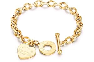 kelistom 316L Stainless Steel Love Heart Charm Bracelet for Women Romantic Gift Silver/Rose/18k Gold Plated OT Clasp Bracelets