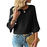 Dokotoo Womens 3/4 Bell Sleeve Hollow Out Ruffle Shirts Crewneck Trendy Casual Loose Fit Blouse Tops