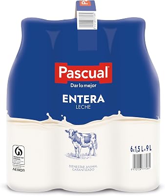Leite Pascual - Leite Integral - Bem-estar Animal - Embalagem de 6 x 1,5L - Ideal para crianças e adultos, Produto Natural e Saudável