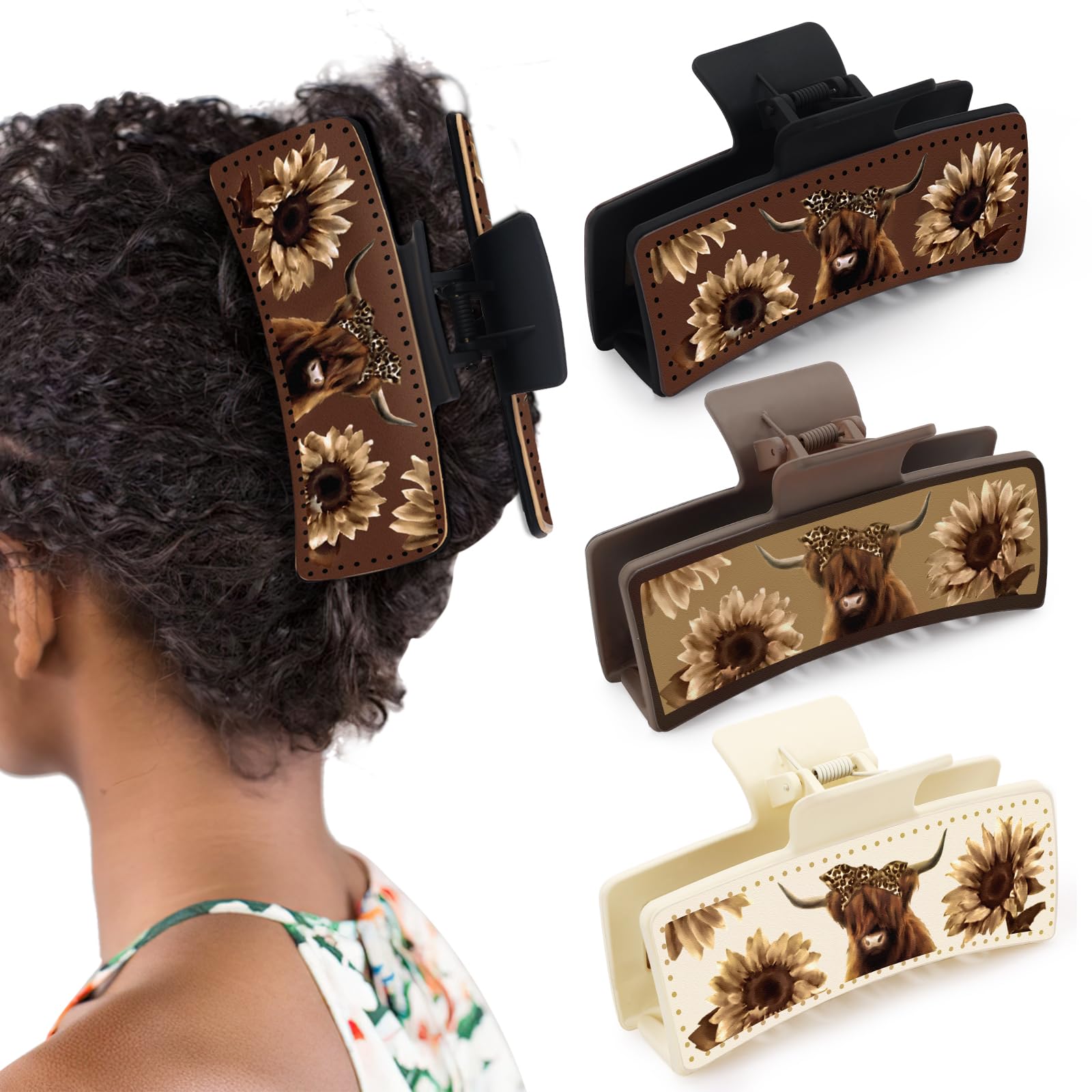 View 1 of **ONE PC BROKEN**CiyvoLyeen Large Highland Cattle Hair Claw Clips for Women Scottish Cows Matte Leather Floral Hairpins Neutral Colors Big Hairgrips For Thick Long Hair Gift Idea For Friends Set of 3