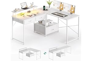 MUTUN 50.4" L Shaped Desk with Power Outlet & LED Light, Computer Desk with Drawers and Printer Stand, Gaming Desk, Home Offi