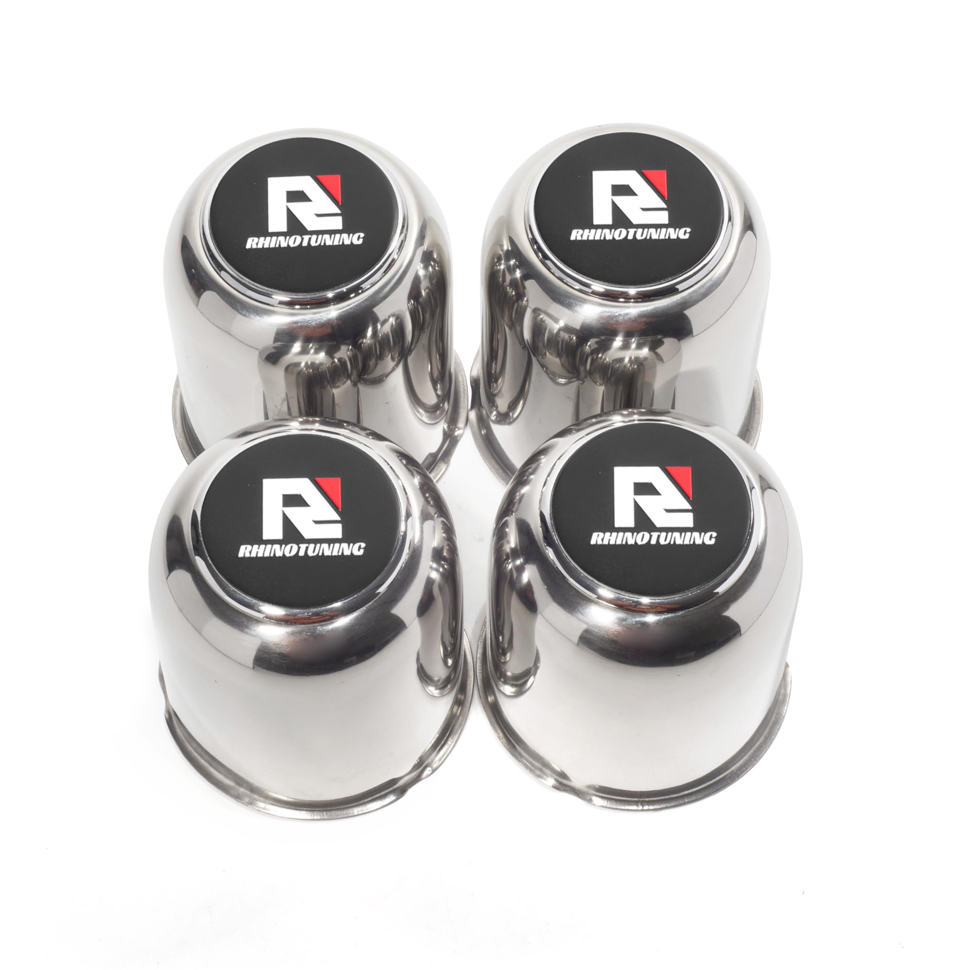 Photo 1 of RTrhinotuning 4 PCS 3.27 in Stainless Steel Trailer Wheel Center Caps 3.41 in Tall for Truck SUV RV Rim Center Caps Chrome Push Through Hub Cover