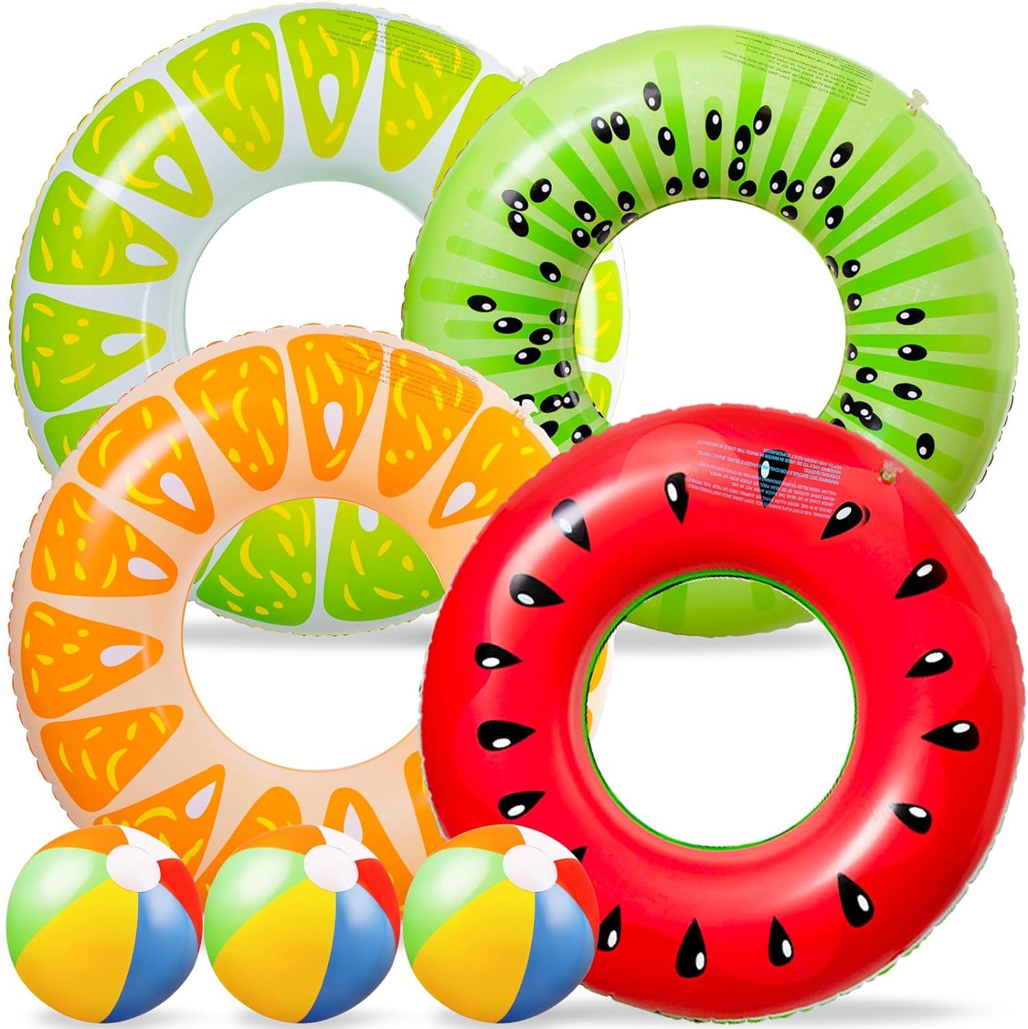 LATERN 7Pcs Fruit Inflatable Pool Floats, 4Pcs 75CM Watermelon Kiwi Orange Lemon Swimming Rings with 3Pcs 35CM Beach Balls - Inflatable Tubes Floaties Toys for Kids Adults Beach Swimming Pool Party