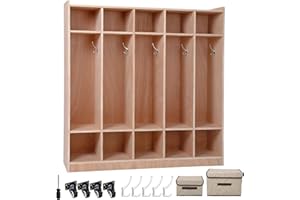 5-Section Classroom Coat Locker with Anti-Tip Safety Kit, 10 Cubbies, 4 Casters & Storage Boxes, Natural Wood Finish, 54"X13"