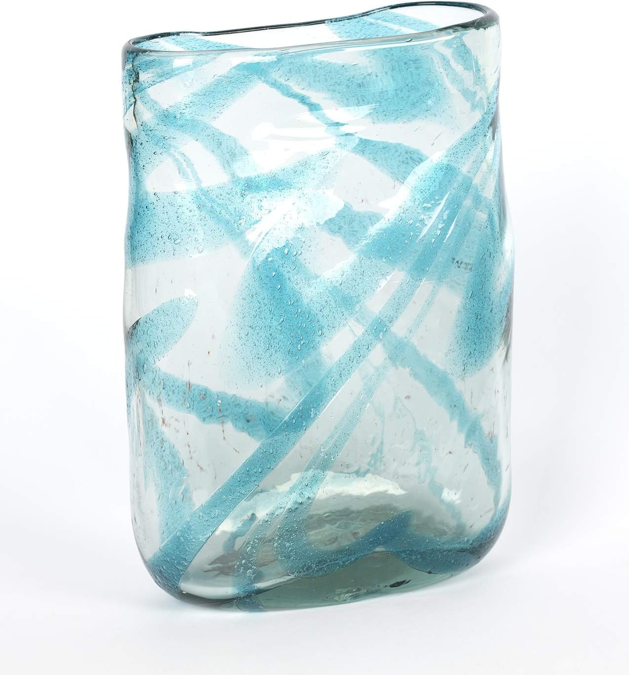 TIN FISH Rectangular Vase, recycled, handblown glass (27cm) - Turquoise threads