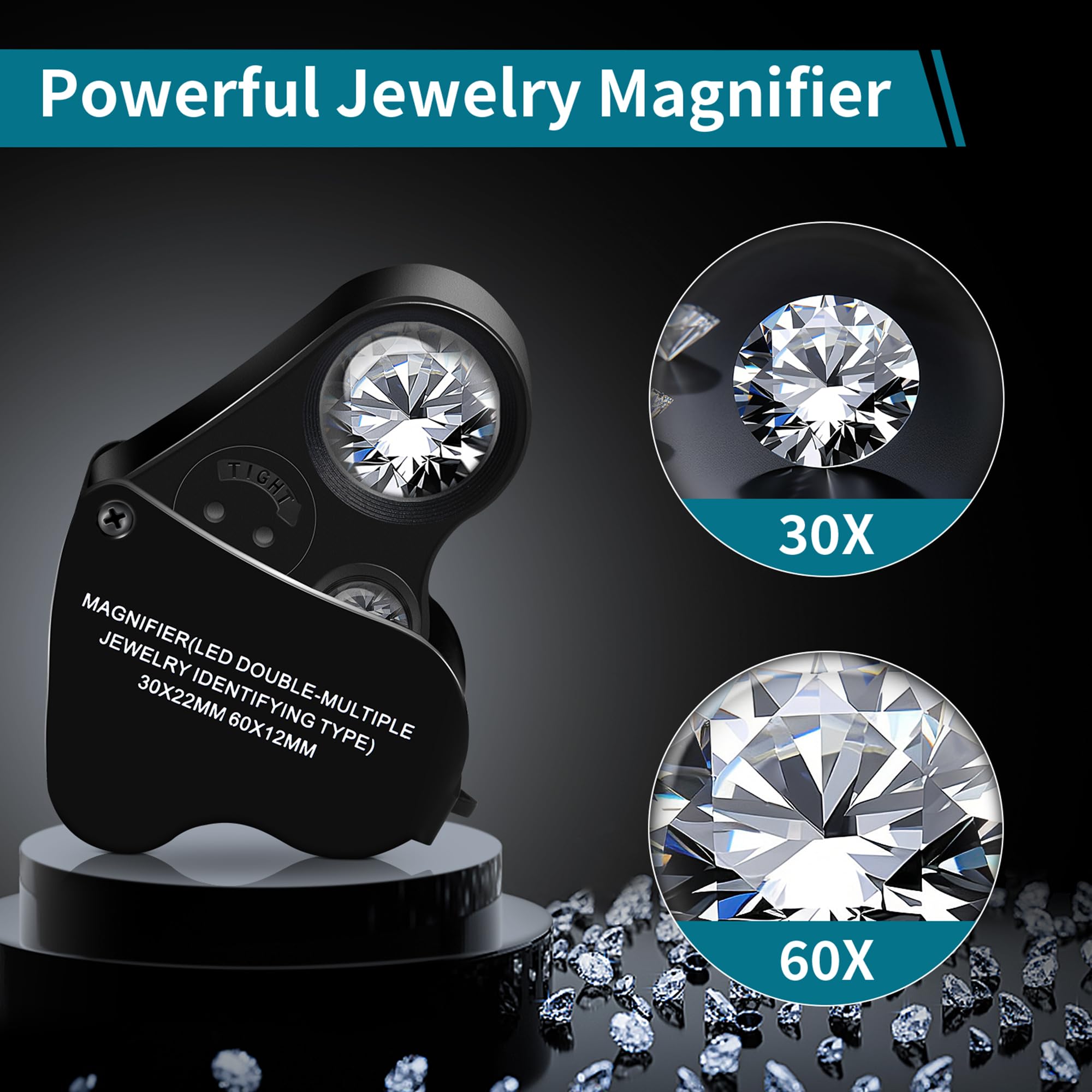 JARLINK 2 Pack 30X 60X Jewelers Loupe, Foldable Jewelry Magnifier with Bright LED Light, Rechargeable Loupe Magnifier with 3 LED and 3 UV Light for Gems, Jewelry, Coins, Stamps (Black)