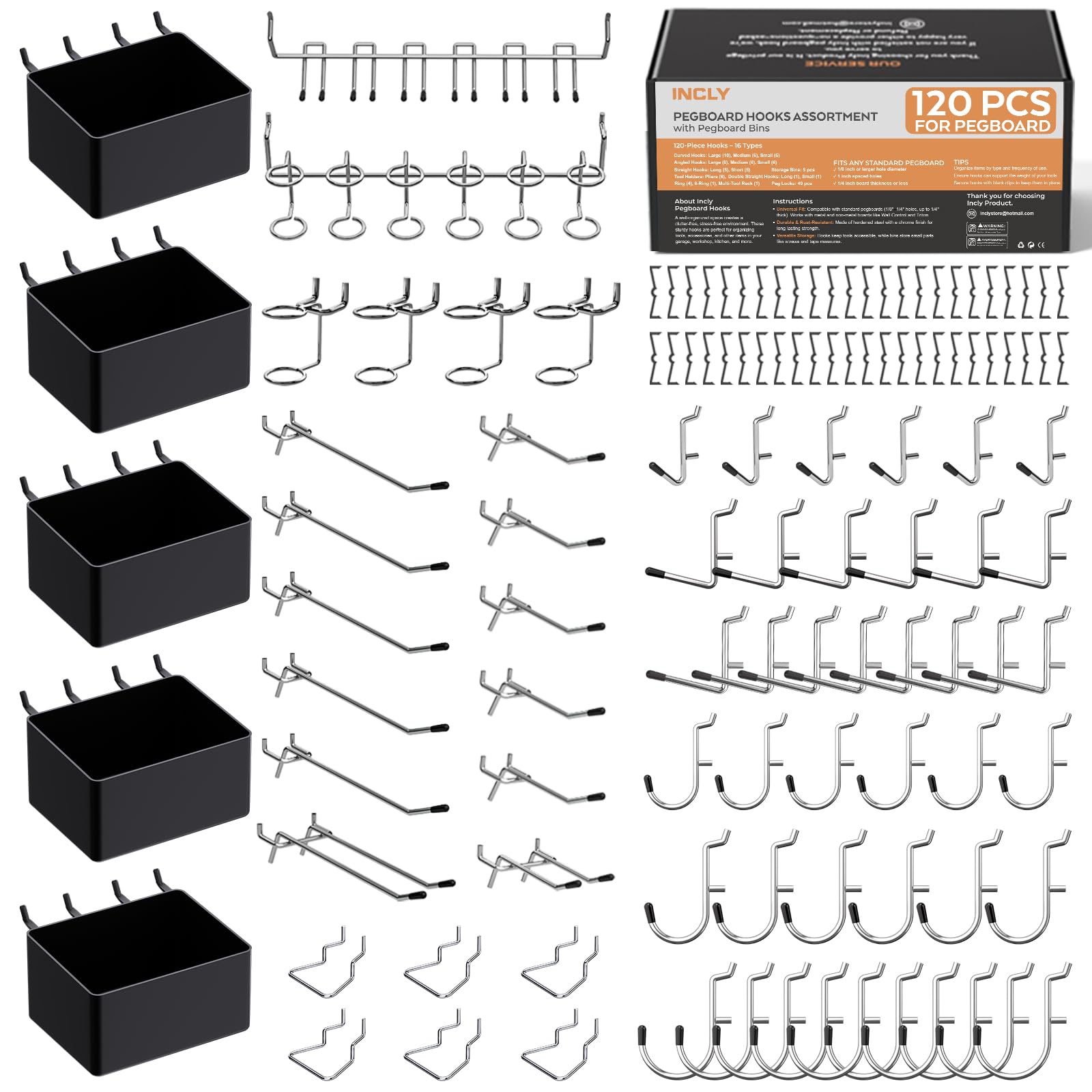 Photo 1 of INCLY 120PCS Pegboard Accessories Organizer Kit, Peg Board Hooks Assortment with Bins for Organizing Various Tools, Fit 1/8 or 1/4 inch Pegboard for Hanging Storage, Garage Wall Attachments