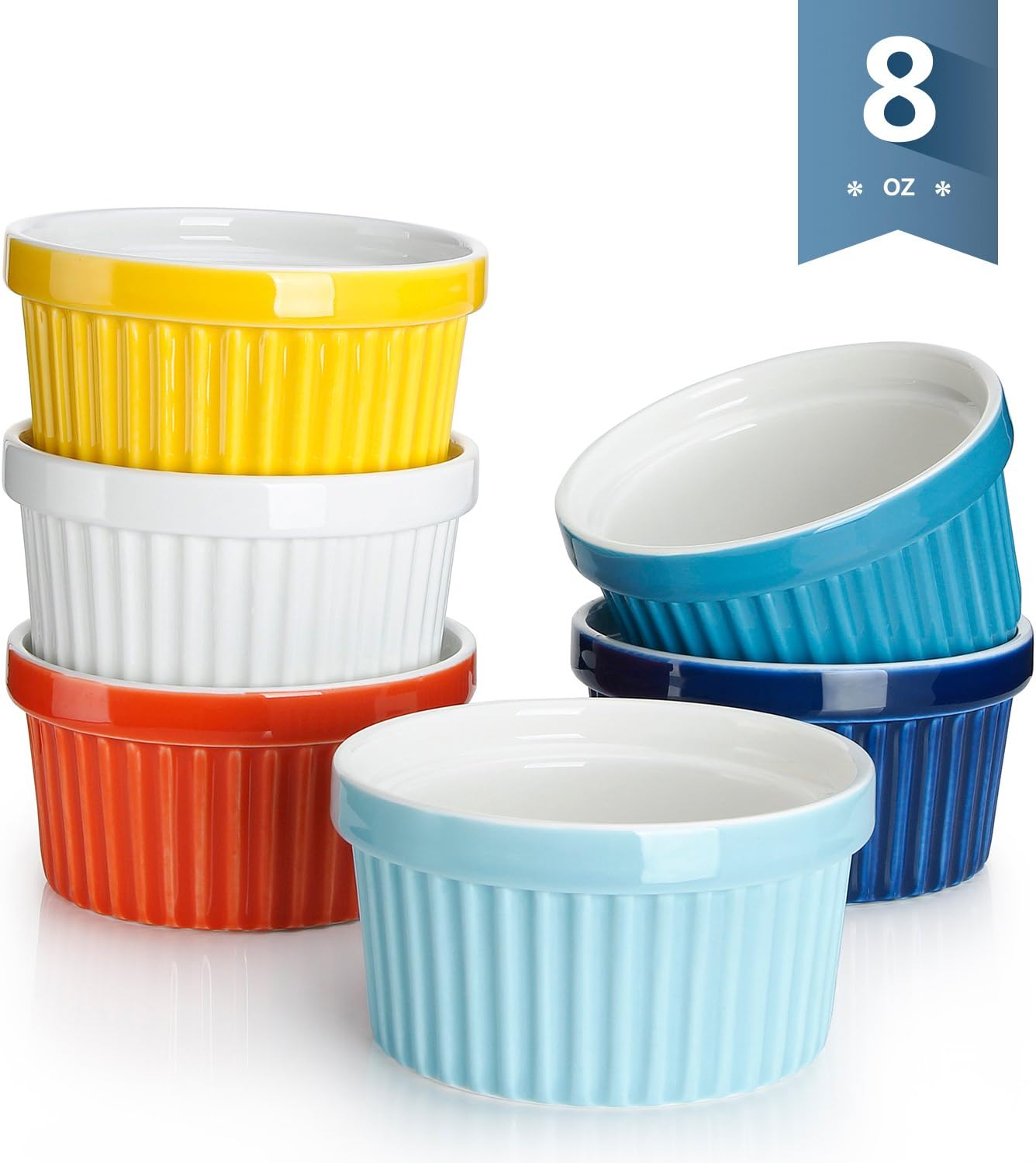 Sweese 501.002 Porcelain Souffle Dishes, Ramekins - 8 Ounce for Souffle, Creme Brulee and Ice Cream - Set of 6, Hot Assorted Colors