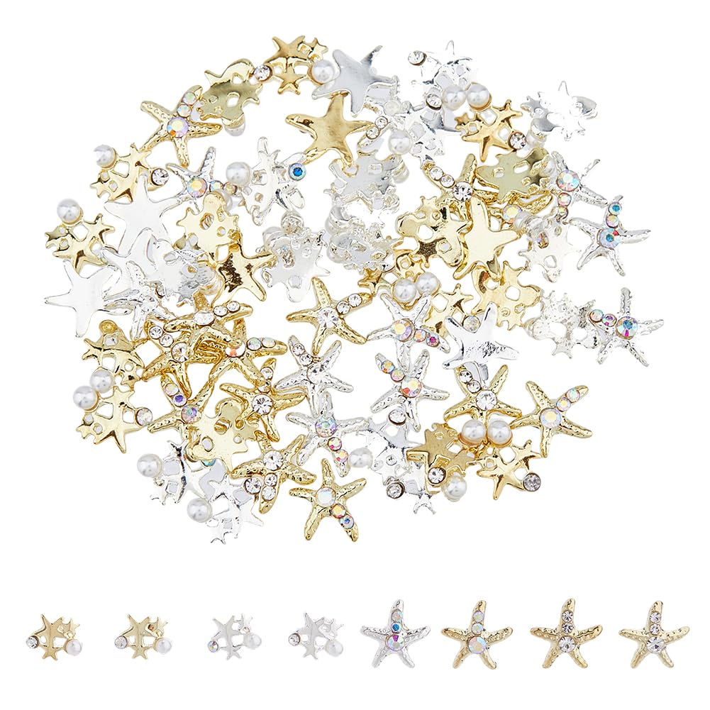 SUPERFINDINGS 64 Pcs 8 Styles Mixed Color Starfish Alloy Rhinestone Cabochon Resin Supplies Mini Starfish Resin Fillers for Nail Art Decoration Accessories Jewelry Making