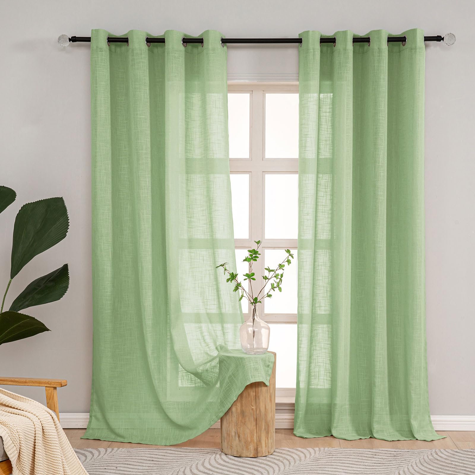 L.Z.E Curtains Sage Green Semi Sheer, 90 Inch Drop Linen Look Curtain for Living Room Bedroom Windows, Heavyweight Mesh Sheers with Eyelet, 2 Panels Pack Net Drapes, 225 cm Long Textured Plain