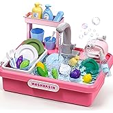 Play Sink with Running Water,Kitchen Play Sink Toys for Boys | Upgraded Real Faucet and Play Dishes,Pretend Role Play Toys for Girls Boys,Birthday Gifts for Kids 3-5,Practice Cleaning,Pink
