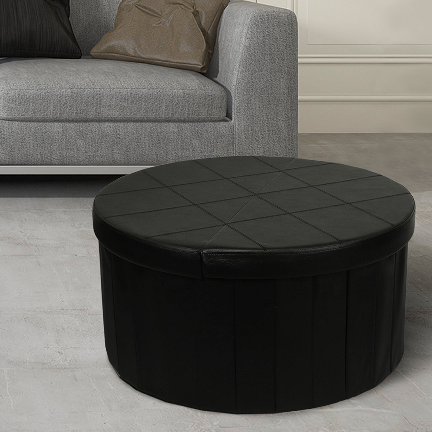 Otto Ben 30 Storage Coffee Table With Smart Lift Top Folding Round Faux Leather Trunk Ottomans Bench Foot Rest Black