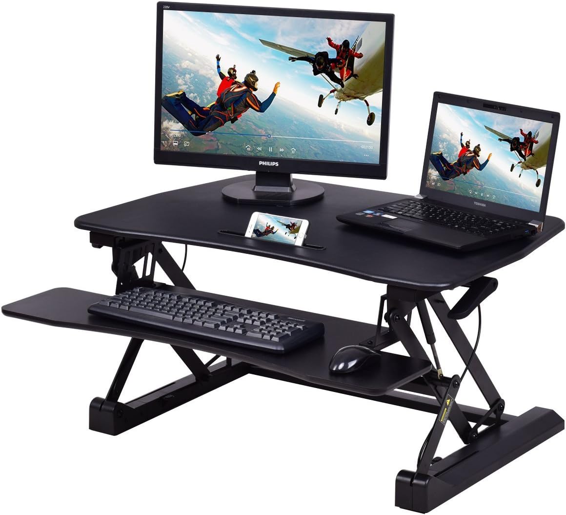 Tangkula Standing Desk, 50lbs Computer Workstations, Height Adjustable Sit-Stand Desk with Keyboard Tray Elevating Desktop Workstation for Dual Monitor, Black