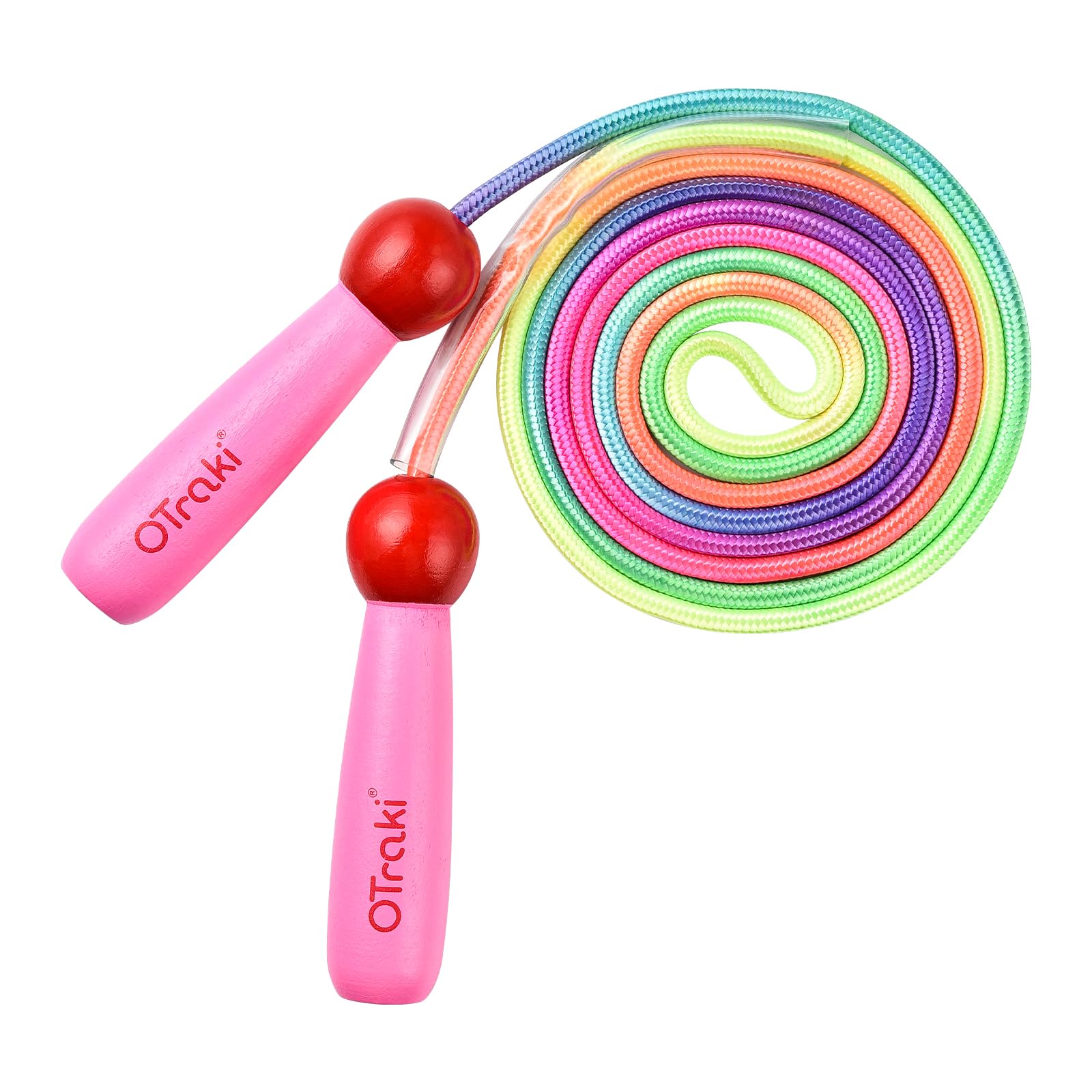 OTraki Rainbow Skipping Rope Kids, 2.5m Adjustable Skipping Ropes for Children Wooden Handle Pink Skipping Rope Exercise Jump Rope Kid for Girls Boys