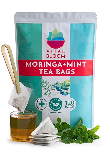 VITAL BLOOM MORINGA MINT TEA, 120 TEA BAGS, REDUCES INFLAMMATION, BLEACH FREE TEA BAGS, NON GMO (FREE BAMBOO TONGS INCLUDED)