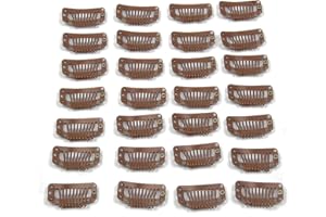 JFFX 20pcs Metal Snap Clips for Hair Extensions DIY Clip in on Hair Extension Wigs 9 Teeth 32mm 1.2g/pc Black Brown Beige Color (Light Brown)