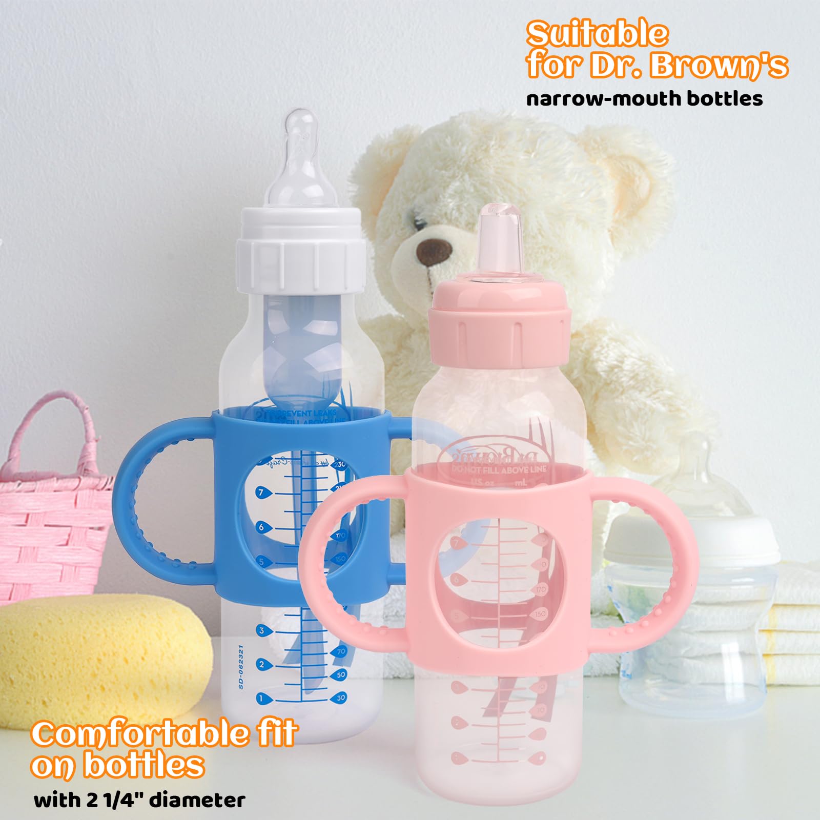 HUAKENER 4 Pack Baby Bottle Handles, Silicone Bottle Handles for Dr Brown Narrow Baby Bottles, Baby Bottle Holder with Easy Grip Handles to Hold Their Own Bottle BPA - Free