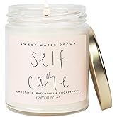 Sweet Water Decor Self Care Soy Candle - Patchouli Eucalyptus & Lavender Candles for Home - 100% Cotton Wick & Spa Scented Soy Wax Candles with 40 Hour Burn Time - 9oz Clear Jar - Made in The USA