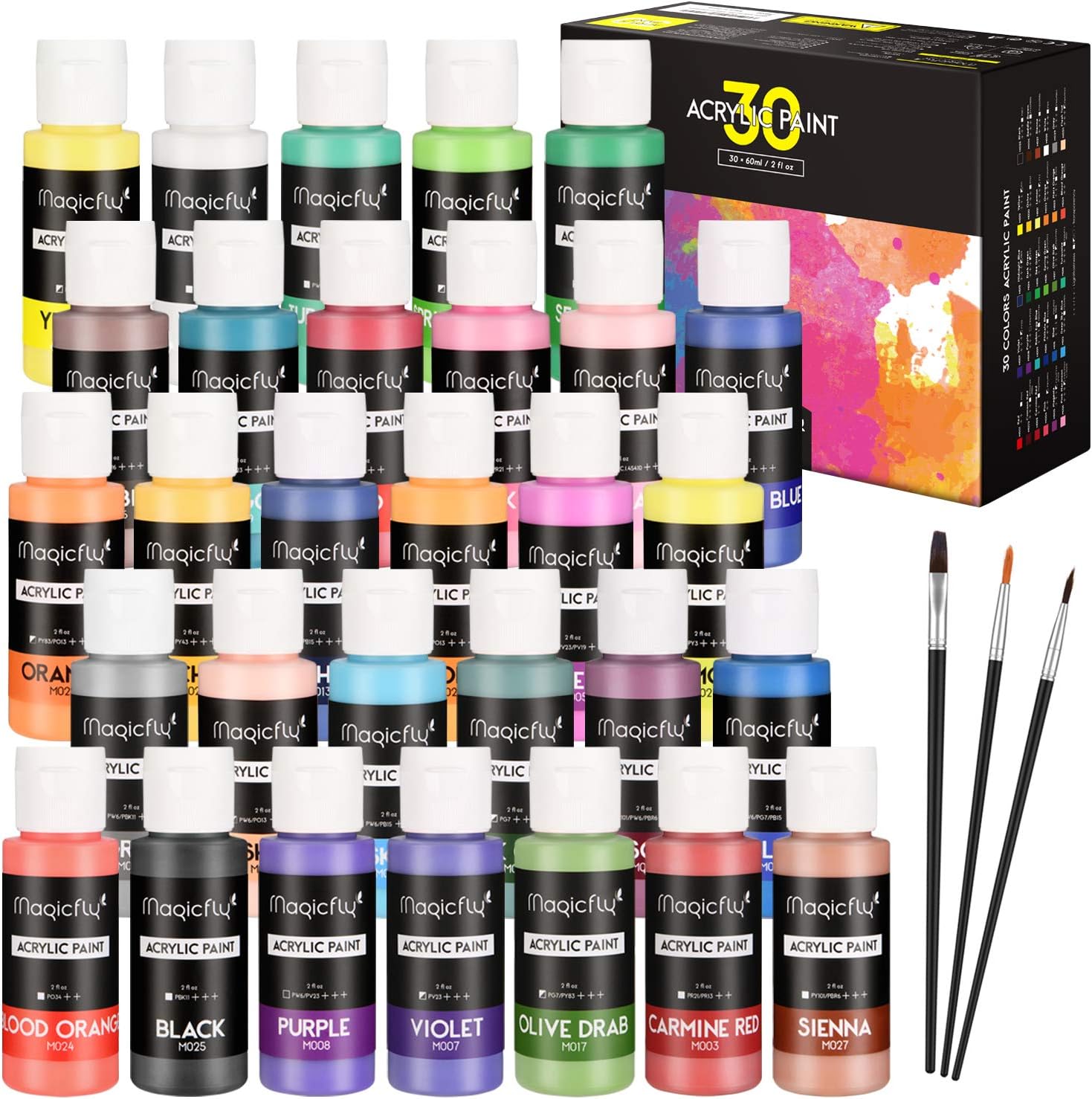 Magicfly 30 Colors Acrylic Paint Set (2fl oz/60ml Each), Artist Quality