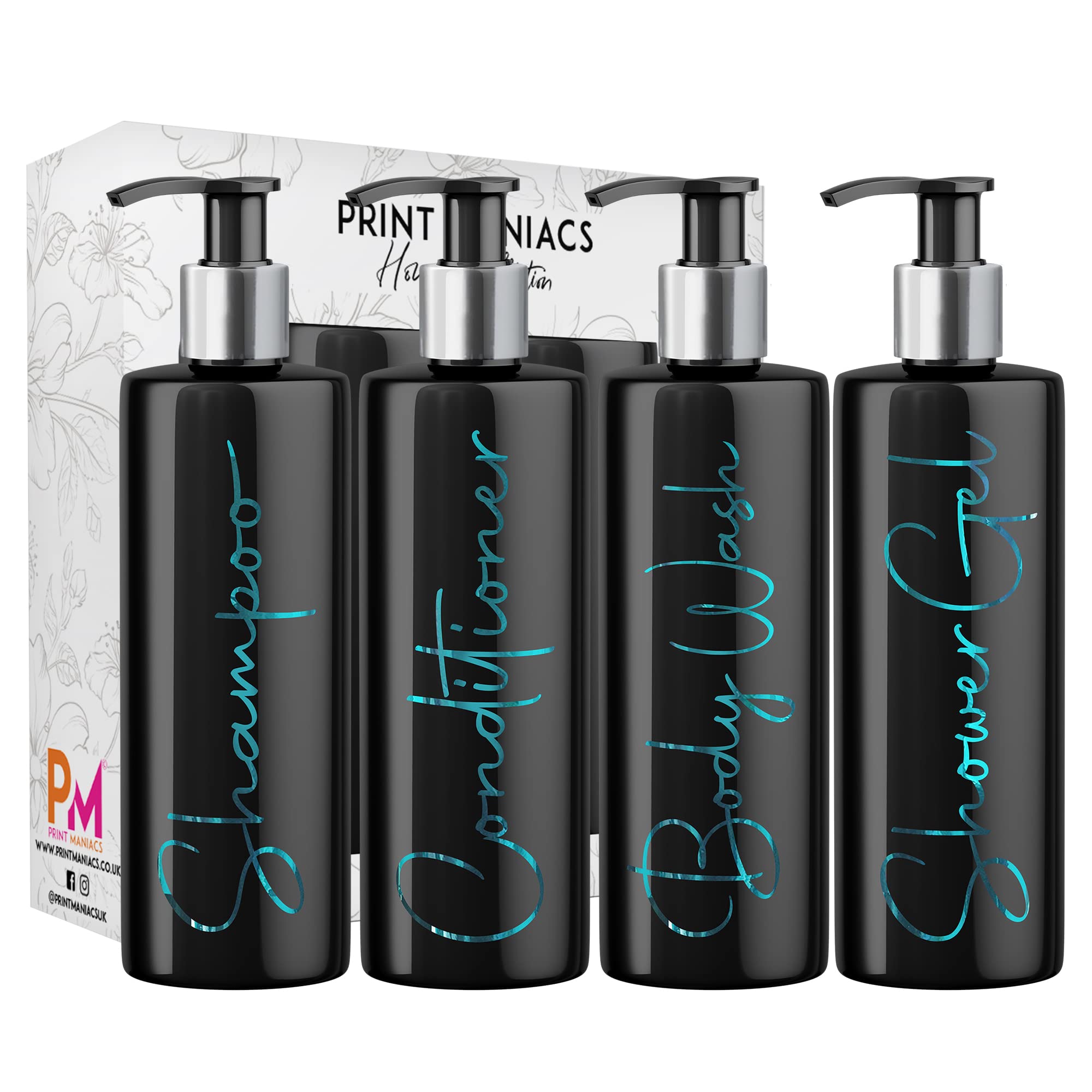 Print Maniacs Mrs Hinch Inspired Black Personalised Dispenser Silver Pump Bottles Shower Gel Set (TEAL, F2)