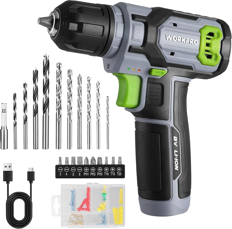 WORKPRO 8V Cordless Drill Set with 53-Piece Accessories 3/8" Chuck LED