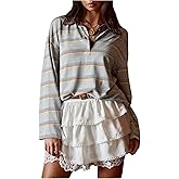 MakeMeChic Women's Striped Rugby Shirt Collared Long Sleeve Preppy Tee Tops