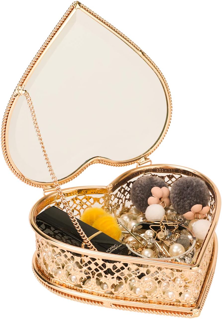Looife Heart Shape Jewelry Box, Handmade Gold and Glass Cosmetics Organizer for Girl