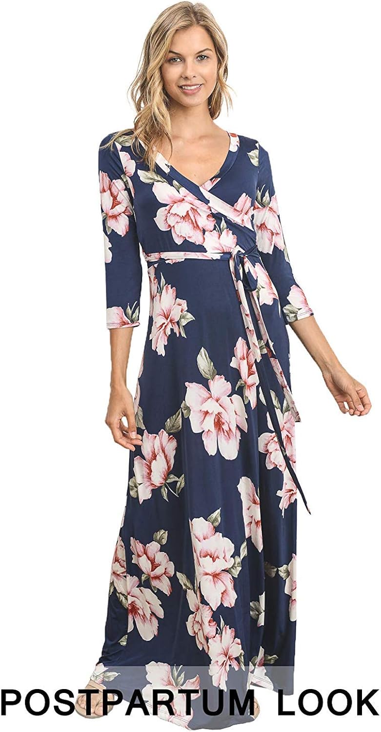 HELLO MIZ Women's Faux Wrap Maxi Maternity Dress with Belt - Made in USA at  Women’s Clothing store