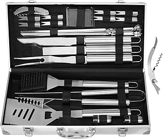 FIXKIT Grillbesteck-Set 26-teilig in Edelstahl mit Weinöffner kompletter Grillkoffer BBQ Zubehör im Aluminium Aufbewahrungskoffer TRAGBARES & IDEALES Geschenk Camping Grillen
