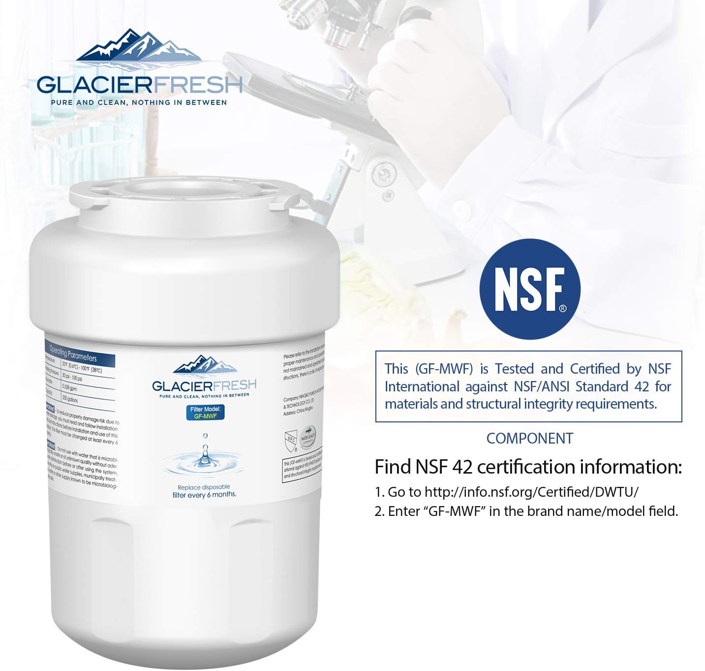 MWF Water Filter Replacement for GE Refrigerator, GLACIER FRESH NSF 42 Certified Cartridges Compatible with GE MWF SmartWater, MWFA, MWFP, GWF, GWFA, Kenmore 9991, 46-9991, HDX FMG-1, WFC1201, 1 Pack: Home Improvement