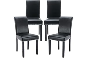 WESTICE Dining Chairs Set of 4, Dining Room Kitchen Side Chair, PU Leather Chair with Nailhead Trim and Rubber Wood Legs, Black