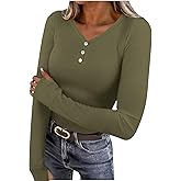 Womens Long Sleeve Henley Shirts V Neck Button Slim Fit Casual Basic Tops with Thumb Hole Work Solid Color Clothes