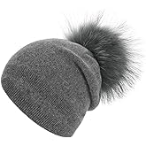 Women's Real Fur Pom Pom Cashmere Wool Blend Winter Slouchy Knit Beanie Hat with Real Pom Pom Beanie Hat