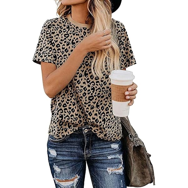 Blooming Jelly Womens Leopard Print Tops Short Sleeve Round Neck