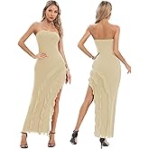 Capuffy Womens Tube Strapless Maxi Dress Irregular Ruffles Hem Cocktail Dress Off Shoulder Tassel High Slit Evening Gown 312