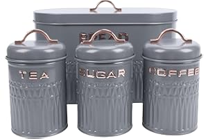 TOPINCN Bread Box and Canister Set, Iron Kitchen Countertop Organizer 3 Labeled Metal Canisters and Large Bread Bin for Coffe