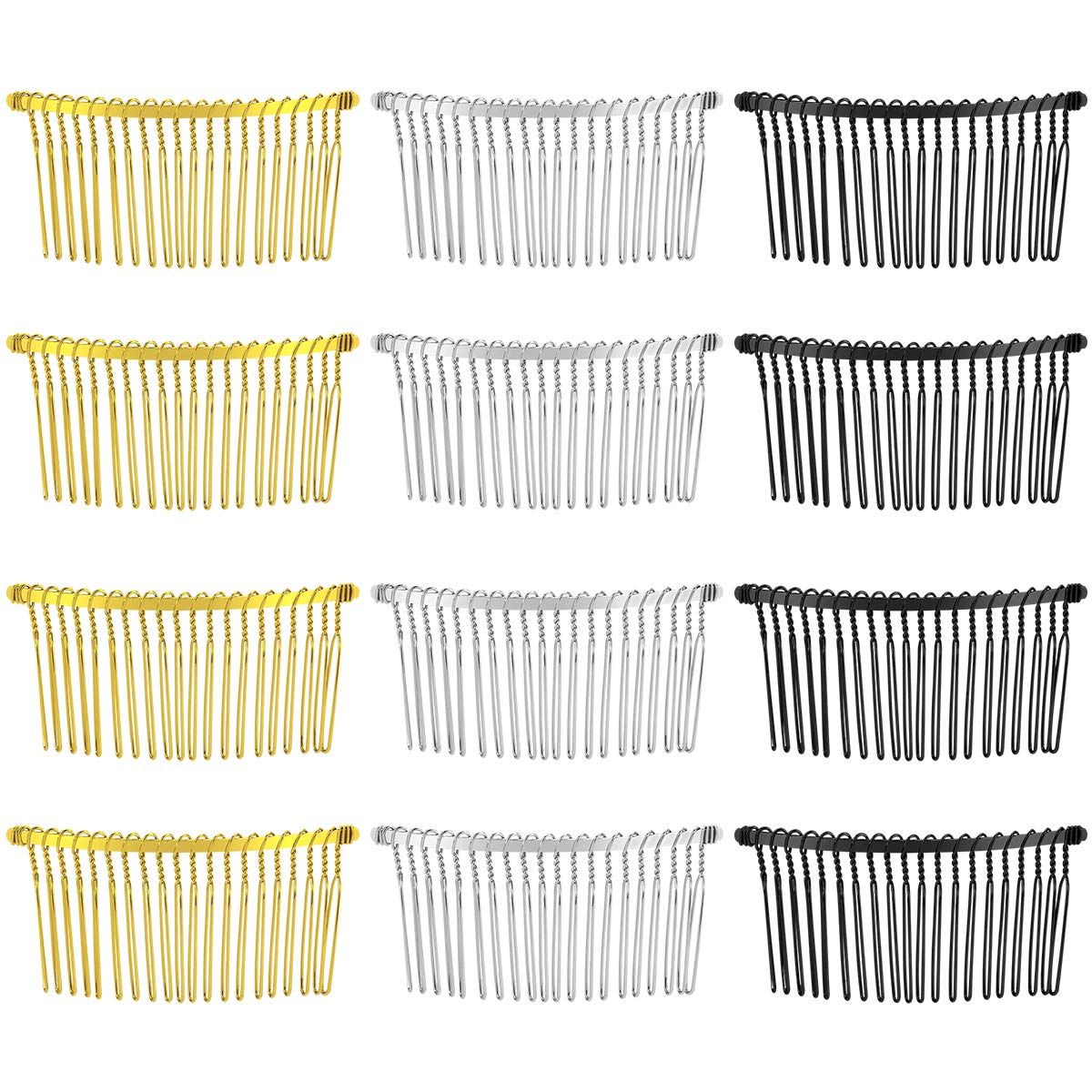 Frcolor 12pcs 20 Teeth Hair Combs Metal Wire Hair Clip Side Combs Wire Hair Combs Metal Hair Comb for Women (Golden White Black)