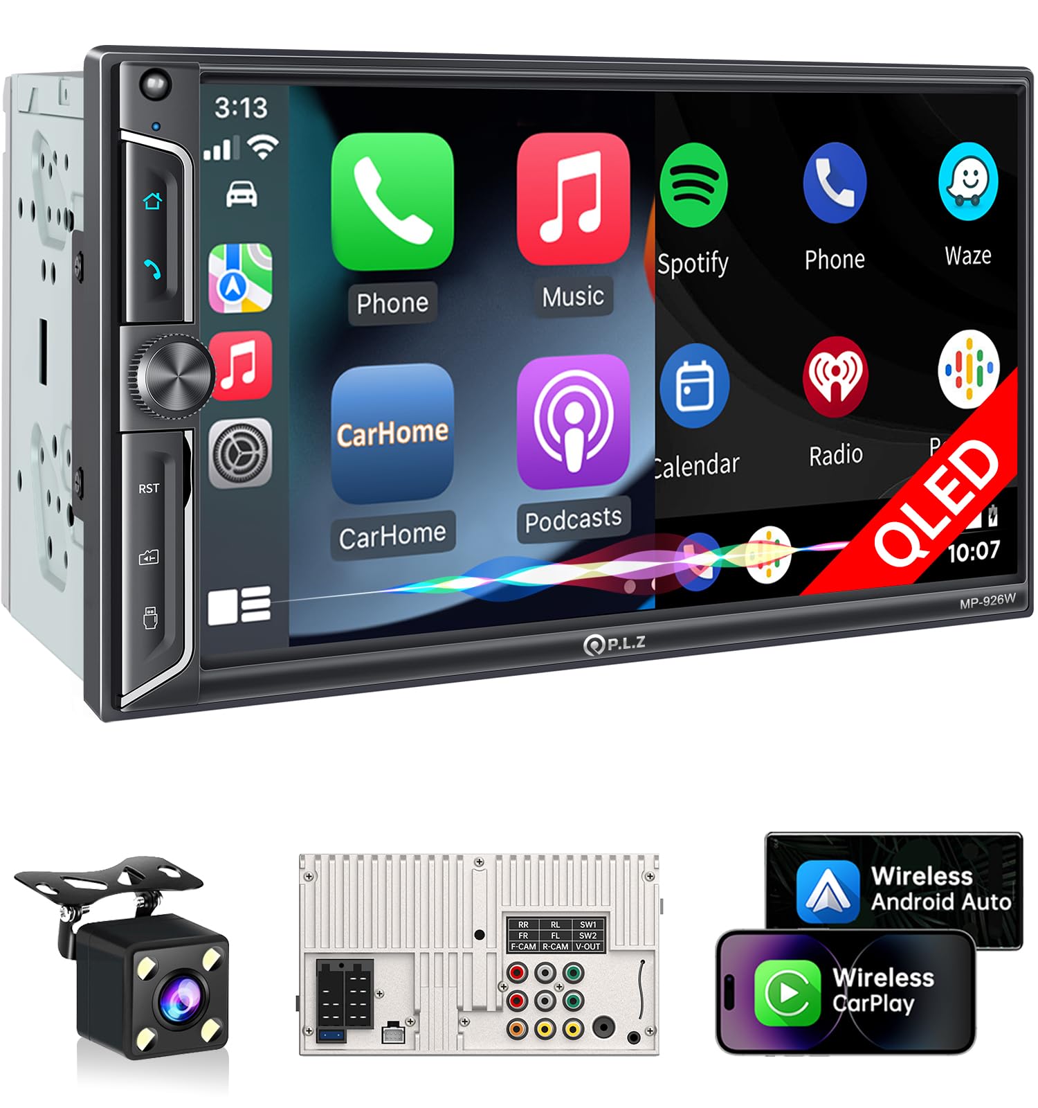 Photo 1 of PLZ 7" Wireless Double Din Car Stereo Apple Car Play Radio Carplay Android Auto QLED Touch Screen, Bluetooth 5.3 Audio Receivers, 1080P Backup Camera, 4.2 Channel Outputs 240W, 2 Subwoofer, FM/AM, SWC