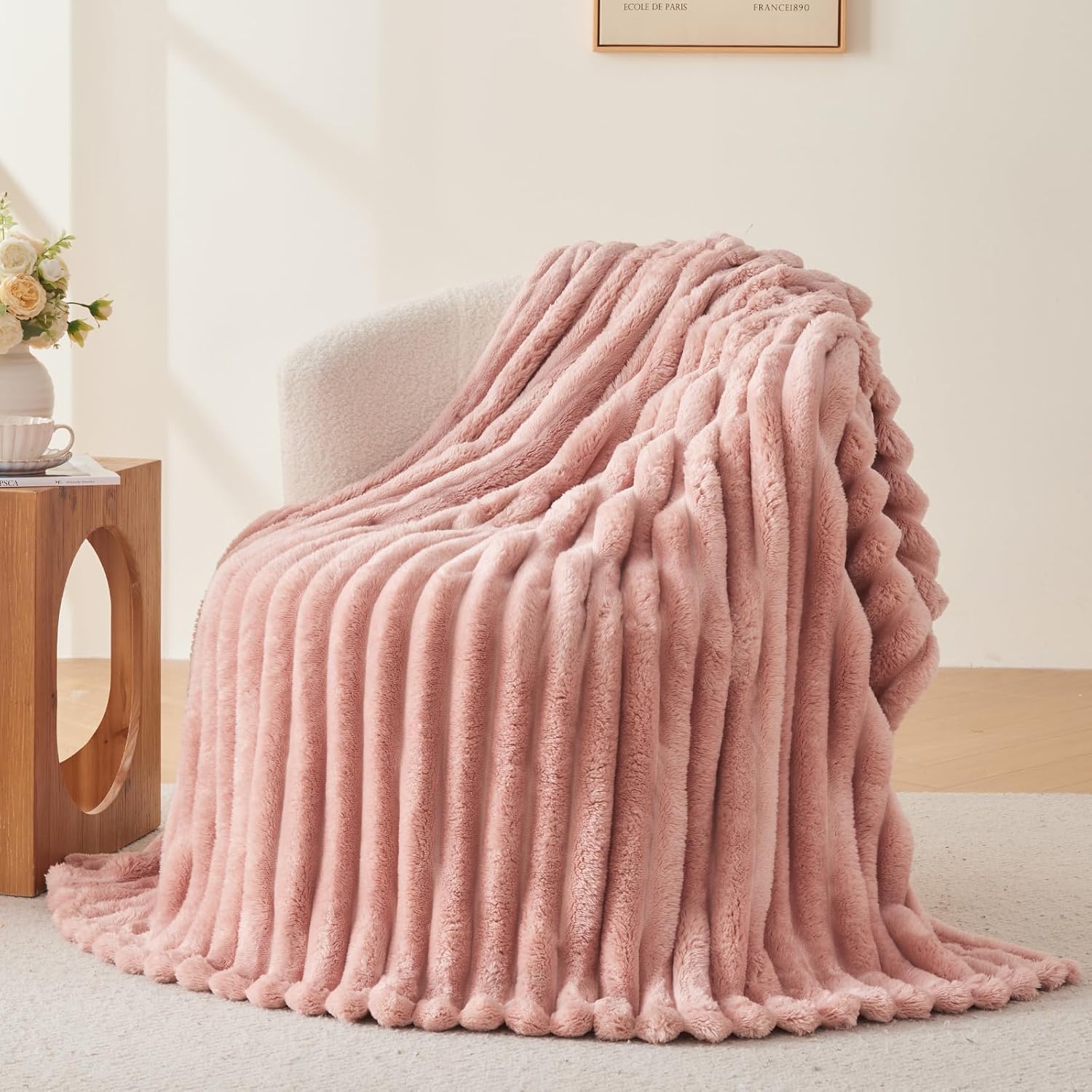 Wajade Fluffy Flannel Blanket Faux Fur Bed Throw Super Soft Warm Large Blanket for Bed Sofa Car, Pink 127x153CM