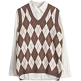 Hyipels Sweater Vest Women,Sleeveless V Neck Argyle Plaid Long Preppy Loose Knitted Casual School Sweaters Tank Top