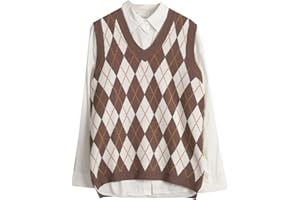 Hyipels Sweater Vest Women,Sleeveless V Neck Argyle Plaid Long Preppy Loose Knitted Casual School Sweaters Tank Top