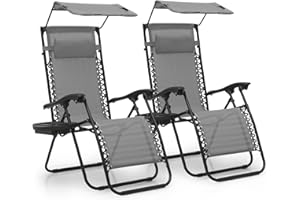 MoNiBloom Zero Gravity Chair Set of 2 with Canopy Shade, Patio Folding Anti Gravity Recliner, Foldable Outdoor Lounger with Cup Holder Tray for Beach Camping, Grey